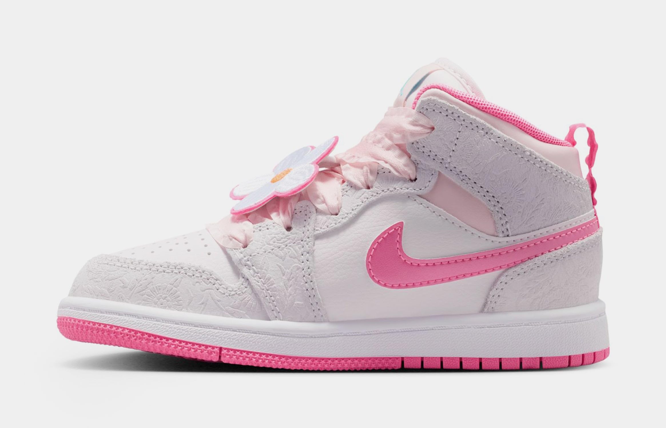 Air Jordan 1 Mid SE - Zapatos de estilo de vida preescolar (gris intenso/vela/flor rosa/brillo rosa)