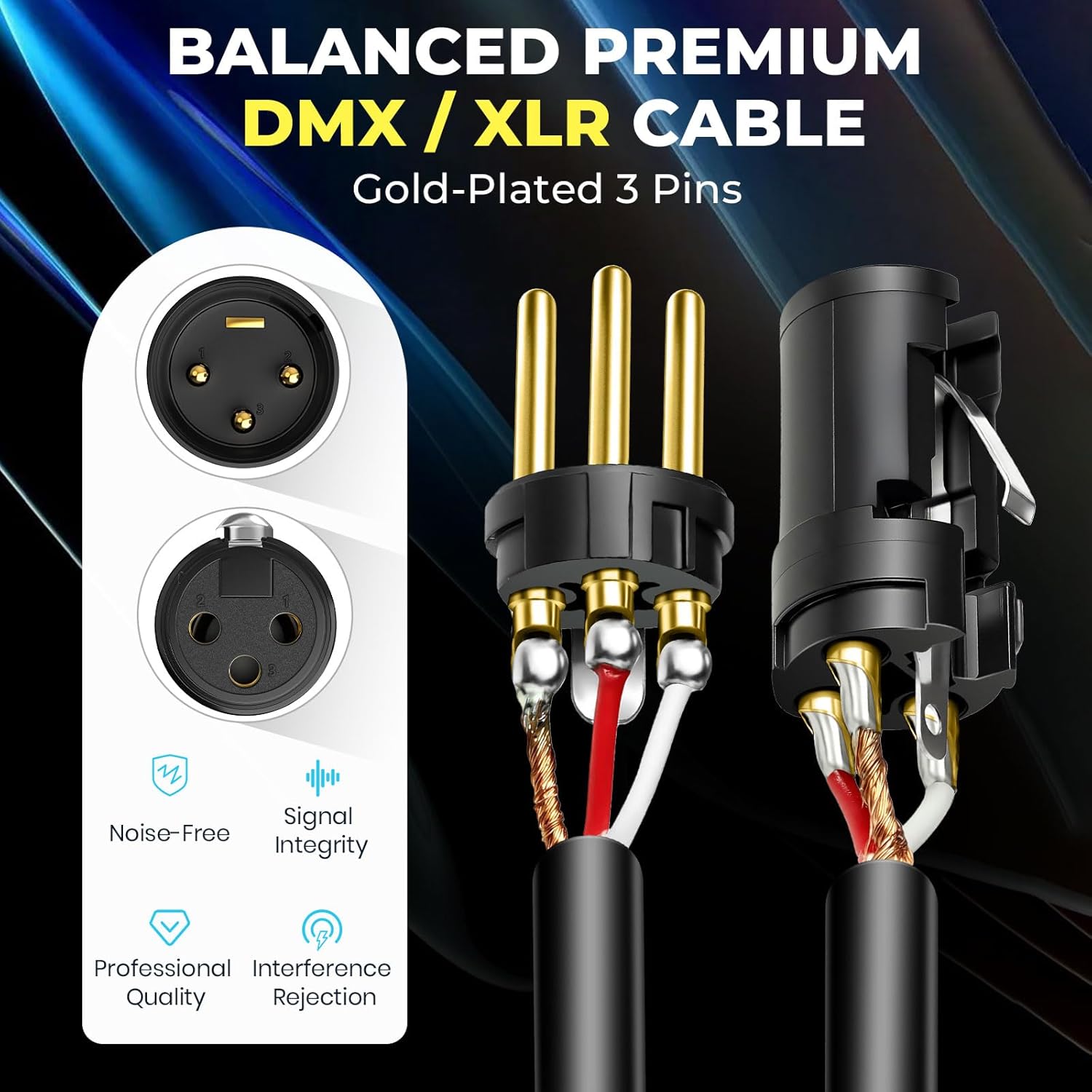 DMX Cable 15ft 2 Pack, 3-Pin Gold Plated XLR Male to Female Cables, Compatible with Microphone, Stage Light DMX512, Mic Mixer, Band and More, Black Orange
