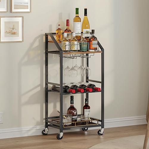 Bar Cart with Mirrored Shelf, Serving Cart for Home, Drink Cart with Wine Rack, Rolling Kitchen Cart with Wheels, Glass Holder, for Kitchen, Dining Room, Rustic Brown and Black RCHR67M01