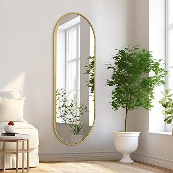 Large Oval Full Length Mirror, Pill Shaped Oblong Bathroom Wall-Mounted Mirrors, Metal Aluminum Alloy Frame Modern Simple Home Decor for Living Room Bedroomm 48"x16" Light Gold