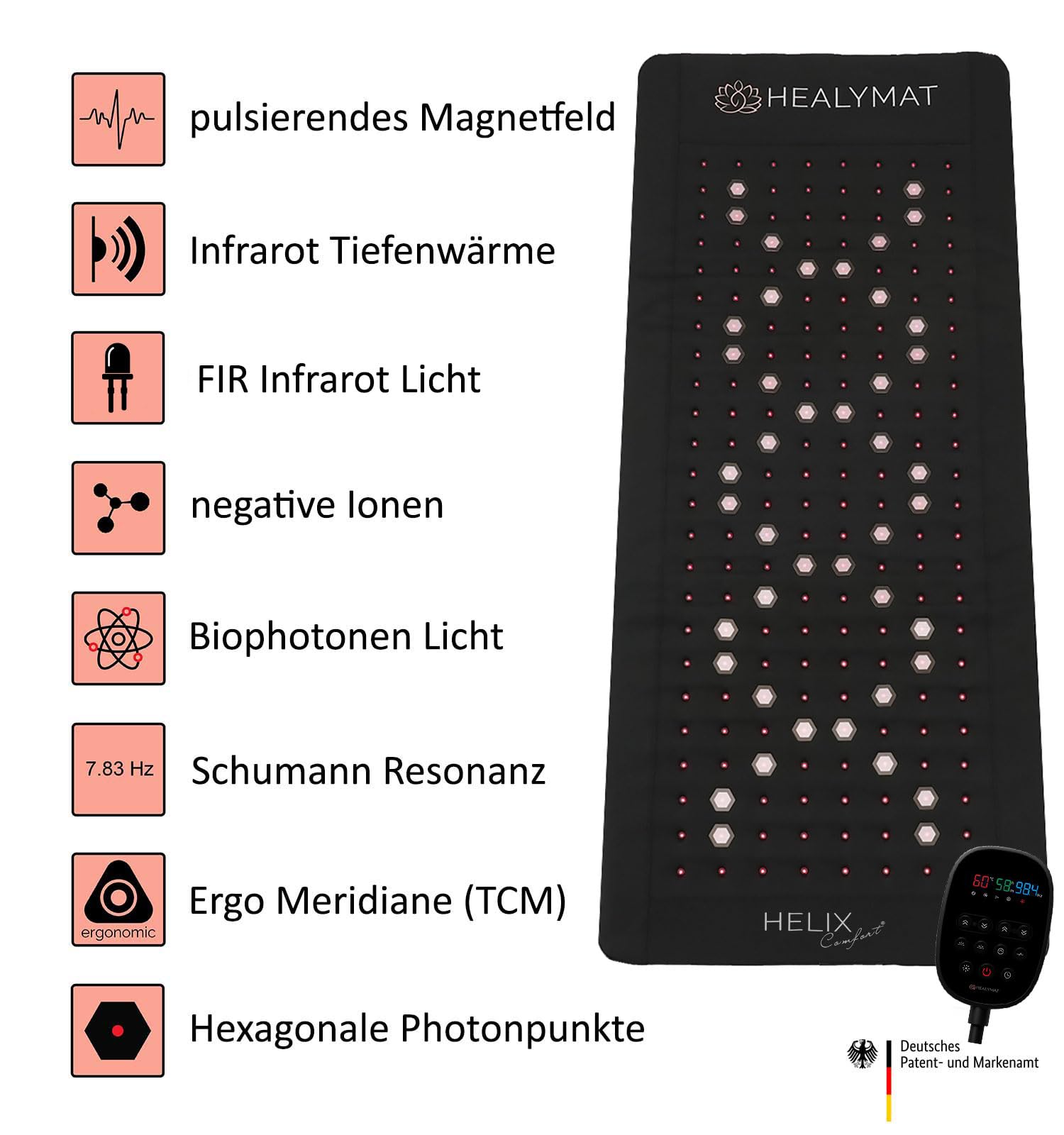 Helix Comfort mata do terapii światłem czerwonym, terapia polem magnetycznym, mata na podczerwień, 660 nm i 850 nm, światło biofotonowe, jony ujemne, rezonans Schumanna, optymalizuje procesy