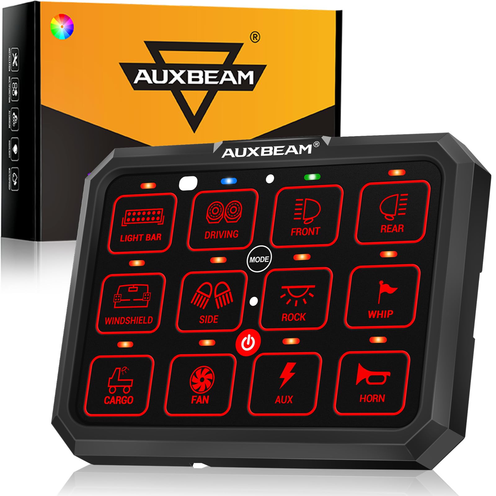 Auxbeam 12 Gang Switch Panel RB120 Toggle Momentary Pulsed RGB Dimmable Multifunction Switch Panel Two Sided Output Marine Switch Panel IP65