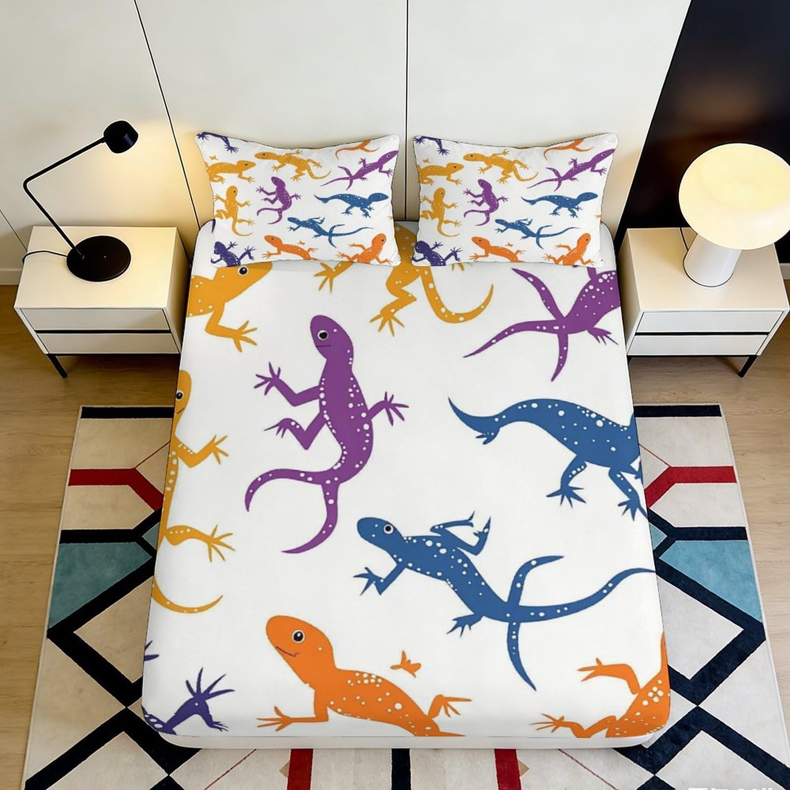3D Printed Colorful Lizard Fitted Sheet Microfiber Soft Breathable Gecko Bed Cover for Bedroom Dorm Protection Decor 90x200x25cm