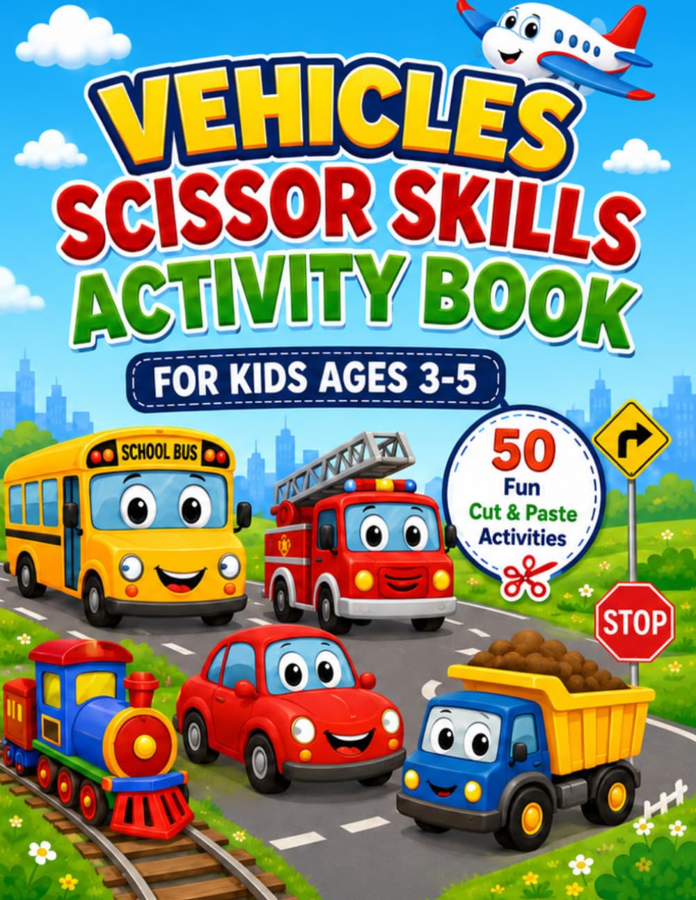 Vehicles Scissor Skills Activity Book for Kids Ages 3-5: Cut, Color and Paste Workbook for Preschoolers with 50 Fun Vehicle-Themed Activities