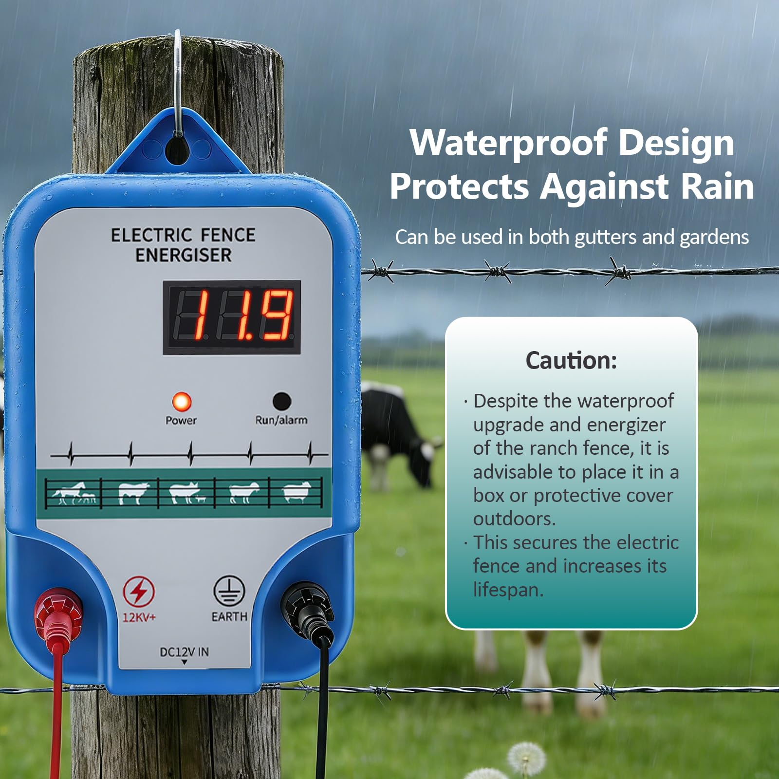 15KM Pastor Electrico 12V, 2.0J de Alta Potencia Pastor Electrico Bateria para Ganado y Animales Cerca Con Pantalla Led Alcance, Para La Protección De Ganado Ovejas Aves De Corral Pastos Jardines