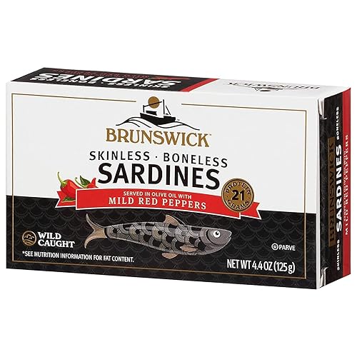 Miniatura 4 de Brunswick Sardinas sin piel y deshuesadas capturadas silvestres, servidas en aceite de oliva con pimientos rojos suaves, 4.4 onzas