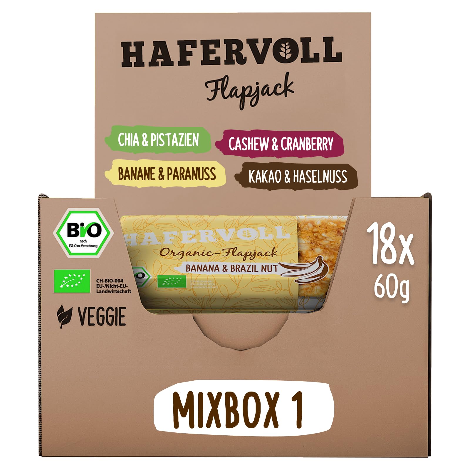HAFERVOLL Organic Mixbox, 4 Flapjack-Sorten, 18 x 60g Bio-Müsliriegel, Bio-zertifiziert, Cacoa Nib & Hazelnut, Berry & Cashew, Chia & Pistachio, Banana & Brazil Nut