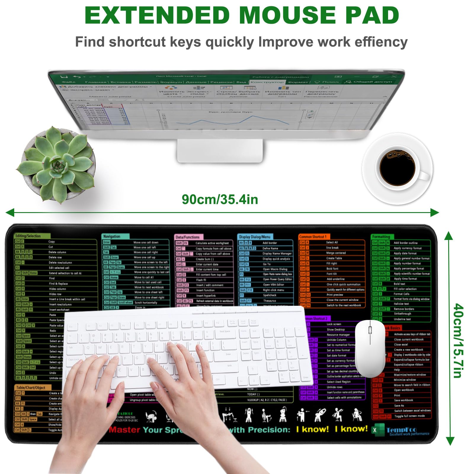 Excel Cheat Sheet Desk Mat, XXL Large Mouse Pad 40x90x0.3cm, Excel Shortcuts Mousemat - Gaming Mousepad, for Home Ofice Desks Computer Keyboard Laptop Protector Black Decor Accessories Gifts — view 2