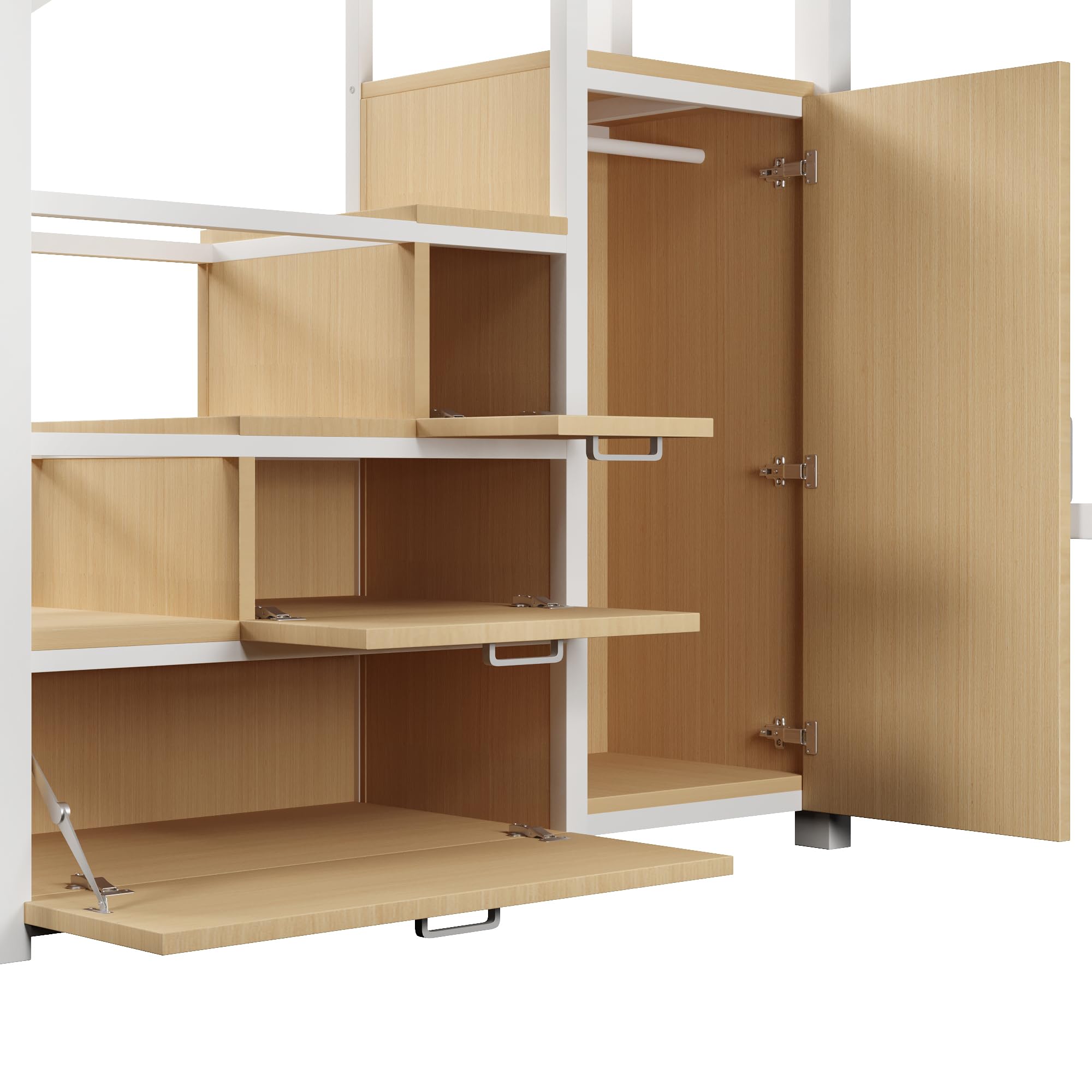 Zepneiy - Cama entrepiso con iluminación LED, 140 x 200 cm, cama entrepiso de metal, con compartimentos de almacenamiento y armario, cama doble con marco de hierro, color blanco (colchón no incluido)