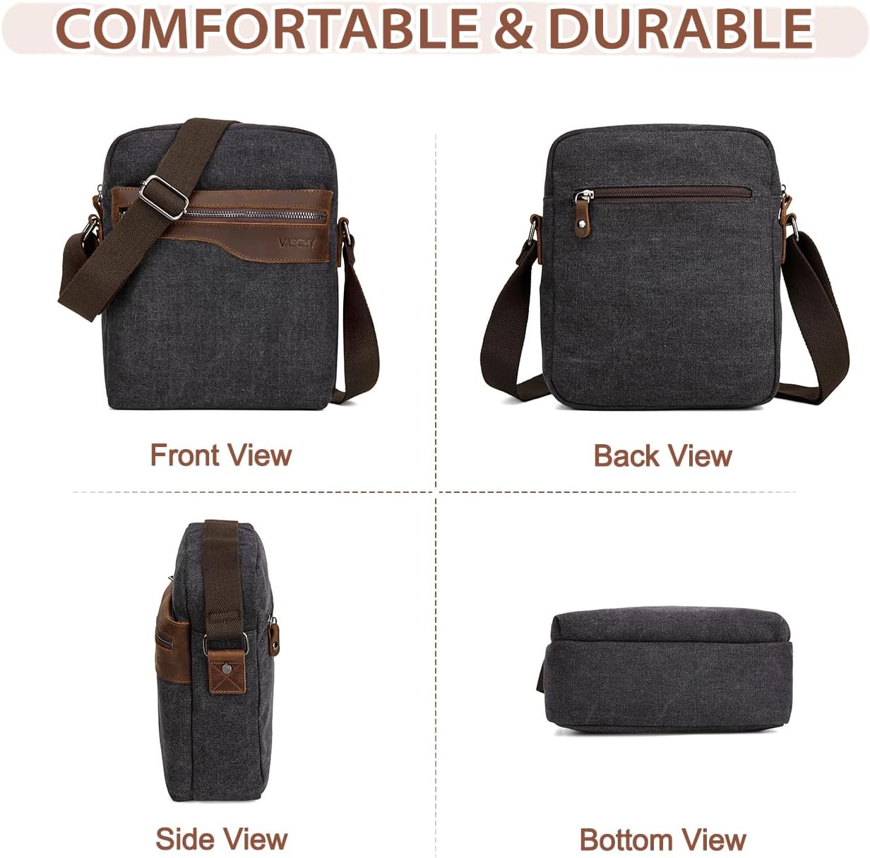 VASCHY Small Messenger Bag, Vintage Leather Canvas Crossbody Shoulder Side Bag for Men Women for Work/Travel - Image 6