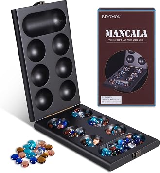 BIVOMON Wooden Mancala Board Game Set-Classic Table Games with 72+8 Bonus Multicolored Glass Stones for Kids & Adults-Portable Travel Board Family Game 2 Player