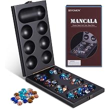BIVOMON Wooden Mancala Board Game - Classic Table Game - 72+8 Bonus Multi-Color Glass Stones - Portable Travel 2 Players for Kids & Adults