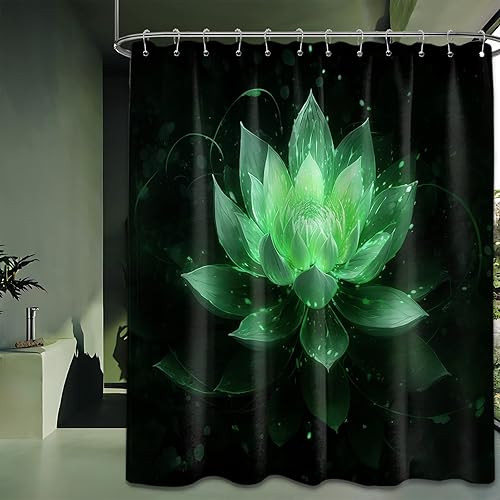 Miniatura 35 de Cortina de ducha negra y dorada con flores de loto amarillo dorado para juegos de decoración de baño, tela impermeable con ganchos, 70 x 72 pulgadas