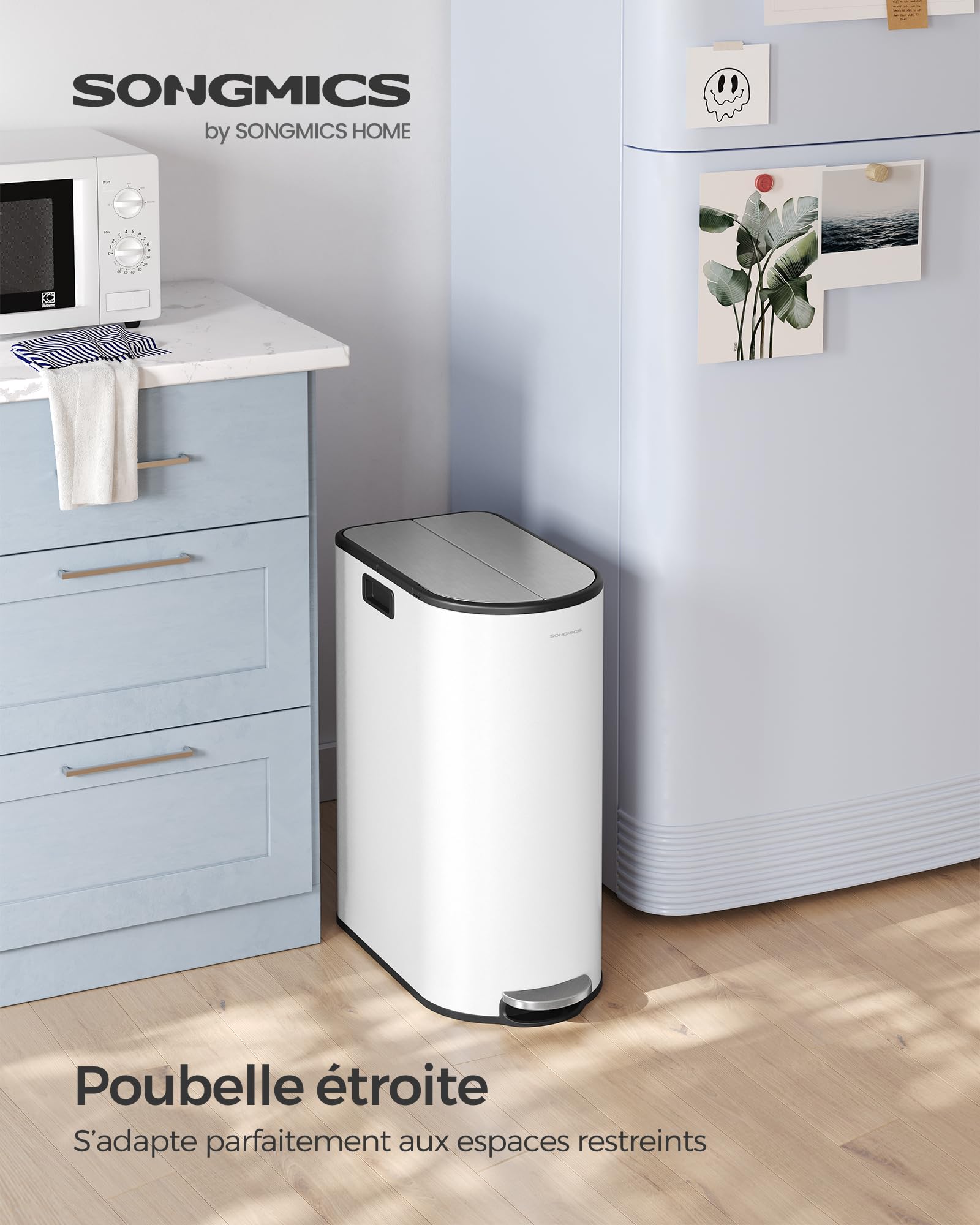 SONGMICS Poubelle de Cuisine Double, 30L et 20L, Poubelle Mince 2 Compartiments pour Tri et Recyclage des Déchets, avec Pédale et Couvercles Ailles, Blanc Nuage et Argent Métallique LTB570W02