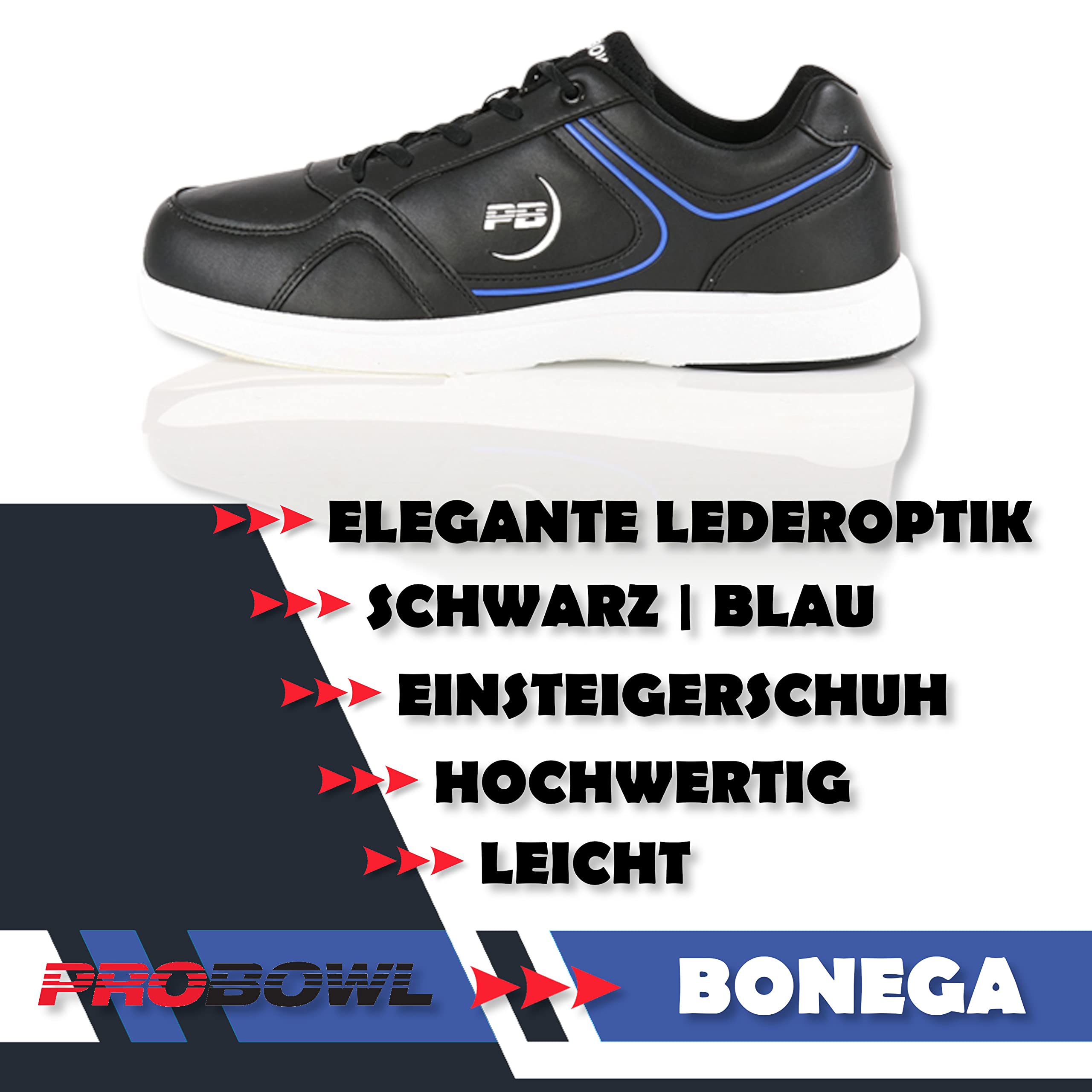 EMAX | Pro Bowl - Bonega – Bowlingschuhe Herren Erwachsene | Bowling-Schuh mit Gleitsohle in Lederoptik | Schwarz/Blau