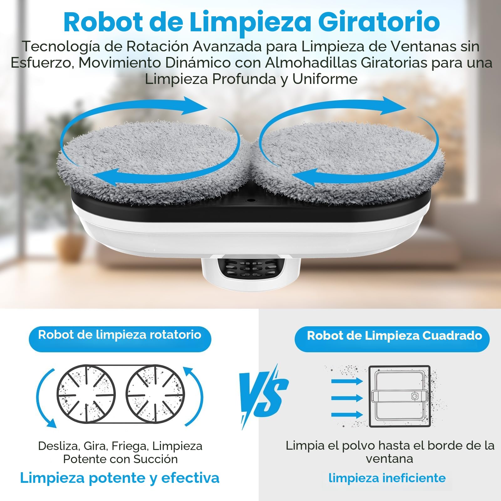 Robot Limpiacristales, Limpiacristales Electrico Ventanas con Succión 5600 Pa, 3 Modos de Limpieza, Sistema de Seguridad, Planificación Inteligente de Rutas y Detección de Bordes, Control Remoto