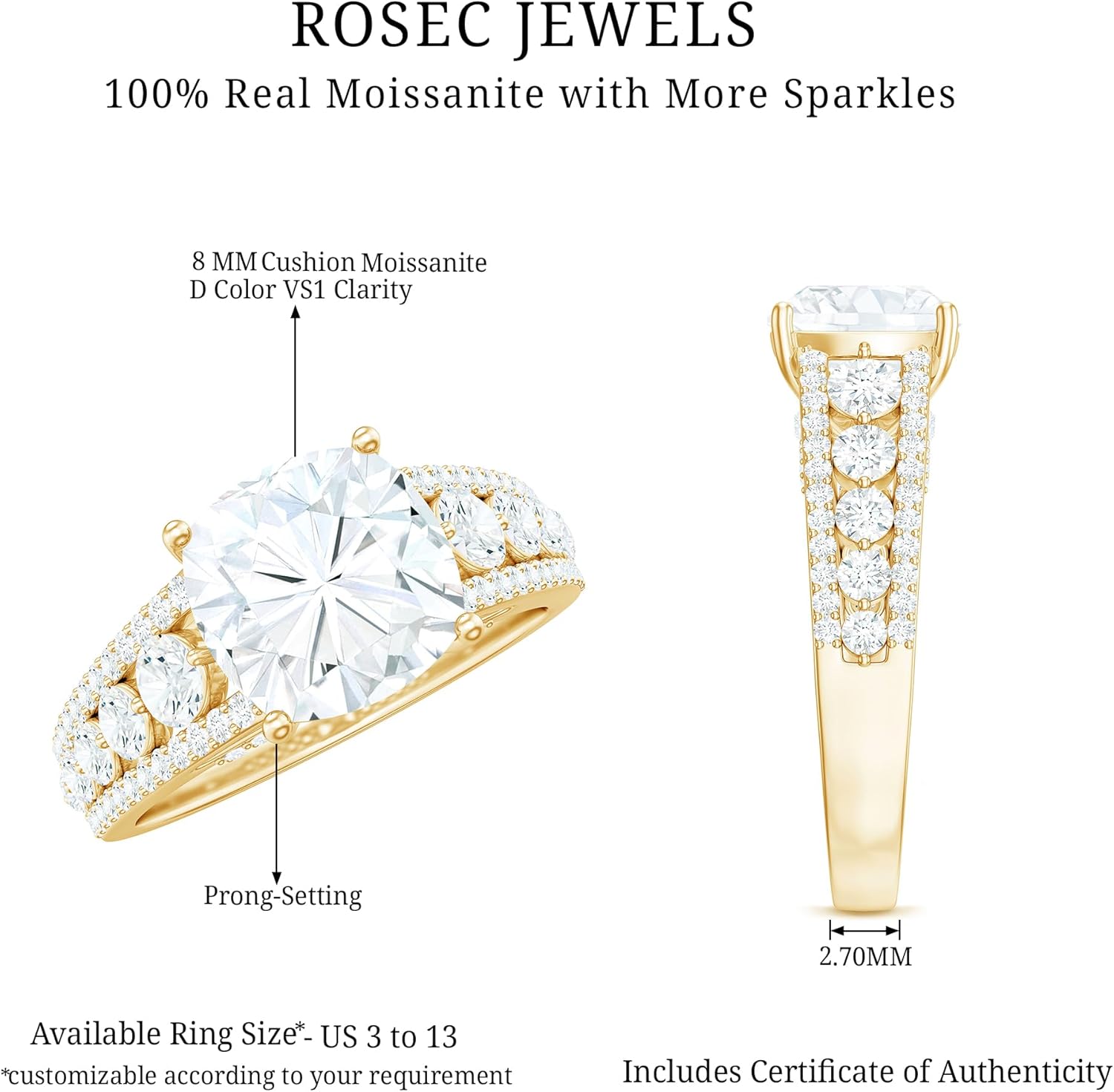 Certified Brilliant Cut Moissanite Engagement Ring For Women, D-Vs1 Quality, Moissanite Statement Ring - Ready To Gift