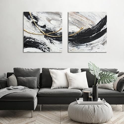 Miniatura 4 de YESTGE Pintura al óleo 100% pintada a mano, lienzo mural de pared para dormitorio, pintura abstracta en blanco y negro, arte de vida 31.5 x 31.5