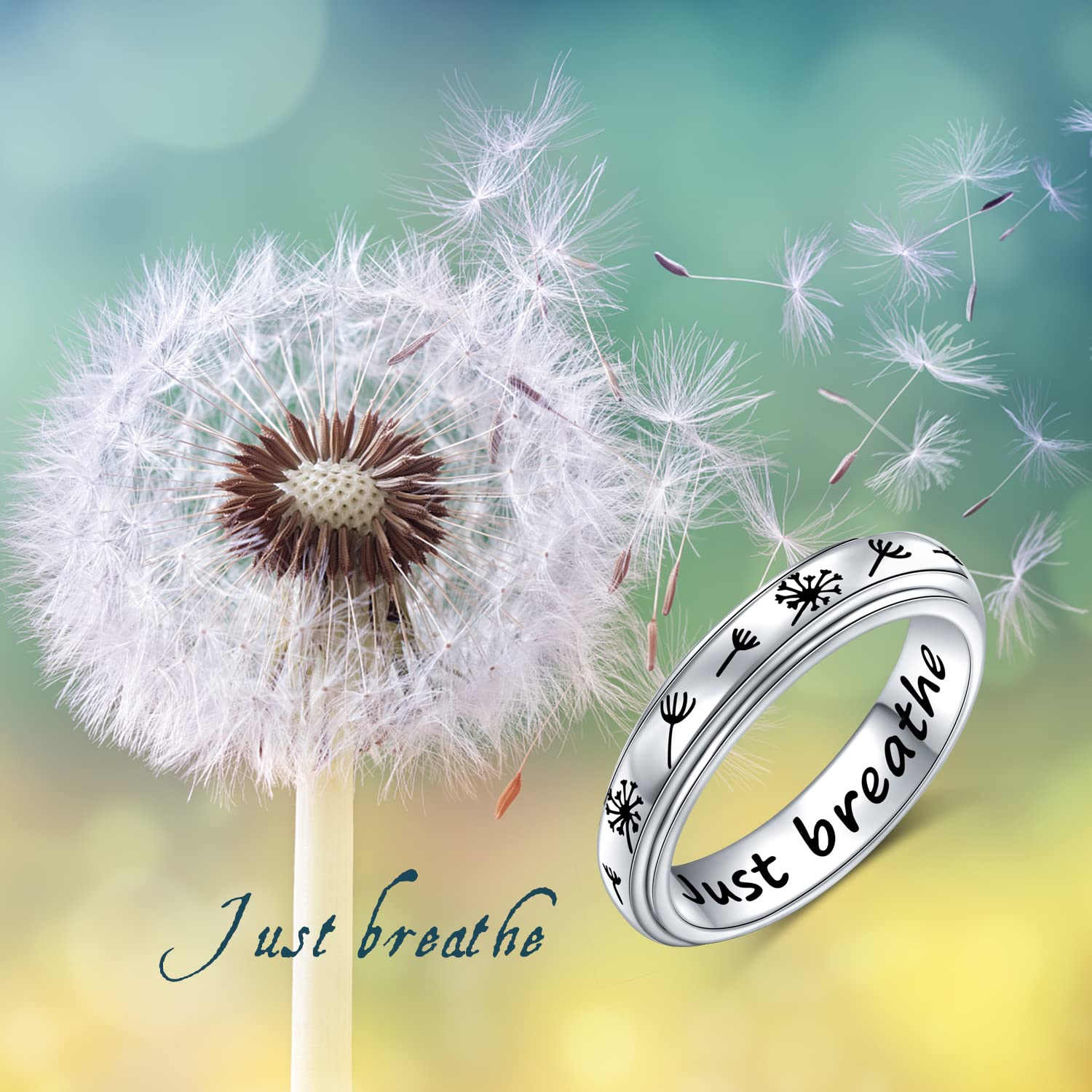 Flyow Just Breathe Spinner Bague en argent sterling 925 avec pissenlit anti-stress, anti-stress, TDAH, autisme