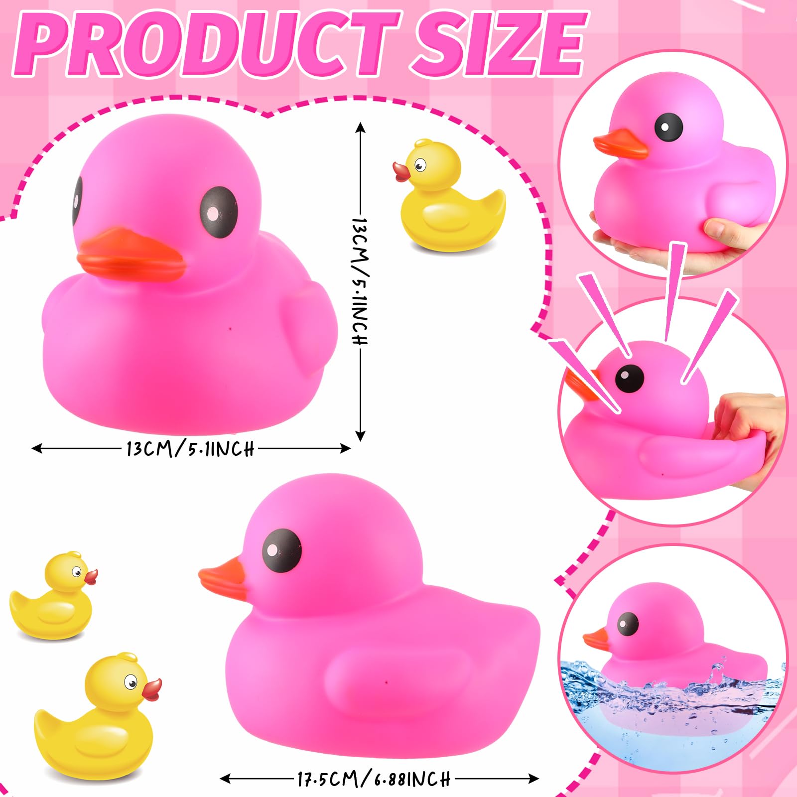 Honoson 6.89 Inch Giant Rubber Duck Big Rubber Duck Large Duckling Bath Toy with Squeaky Sound for Summer Baby Shower Birthday Party Favor Gift(Dark Pink)