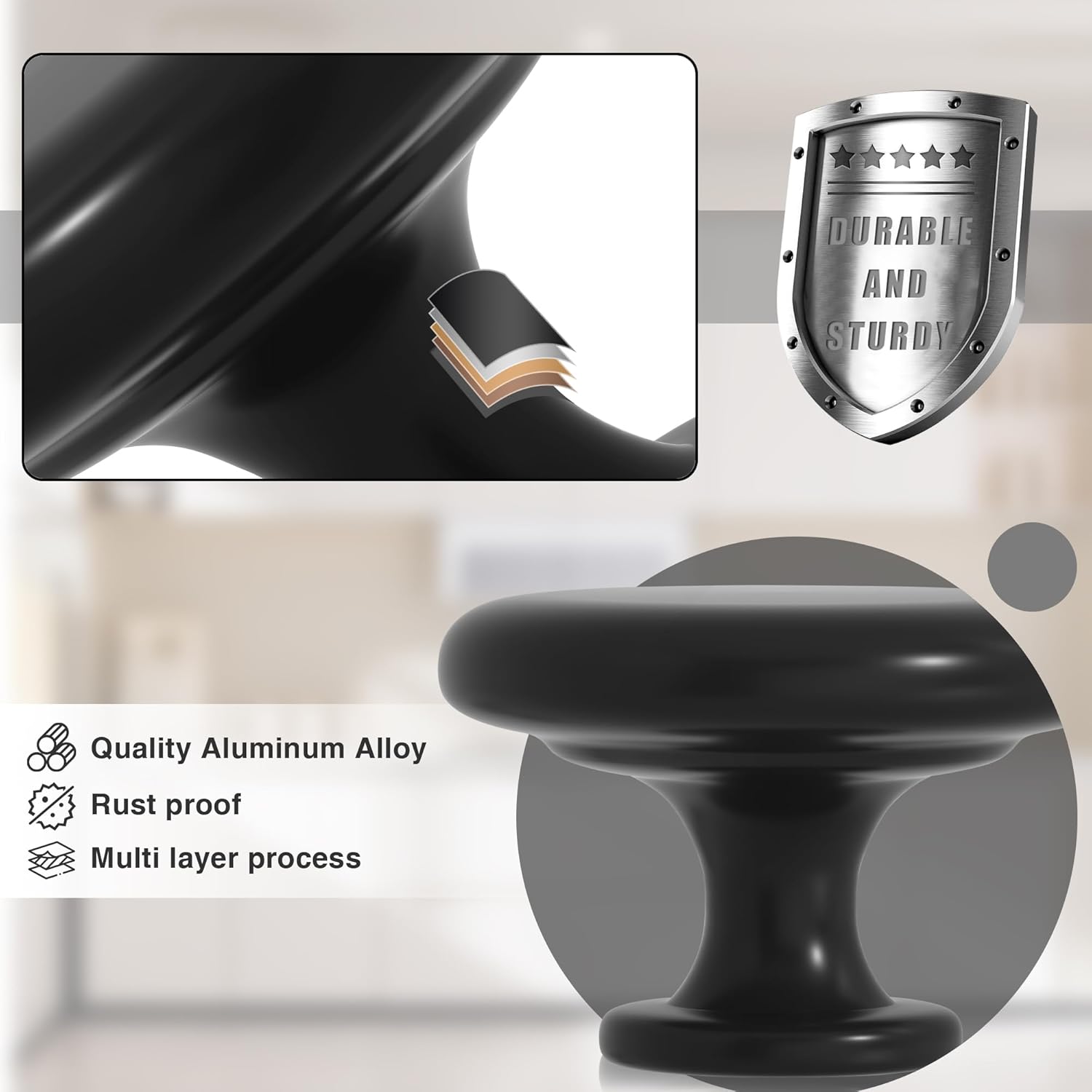 18 Pack Cabinet Knobs, 1-1/4 inch Black Aluminum Alloy Drawer Handles Hardware, Durable, Rust-Resistant, Lightweight Pulls
