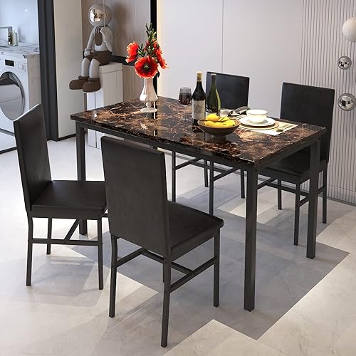 tantohom Dining Table Set for 4, Space Saving Kitchen Table and Chairs for 4, 5 Pieces Dining Room Table Set with Upholstered PU Leather Chairs and Faux Marble Tabletop for Small Space,Home Bar,Brown