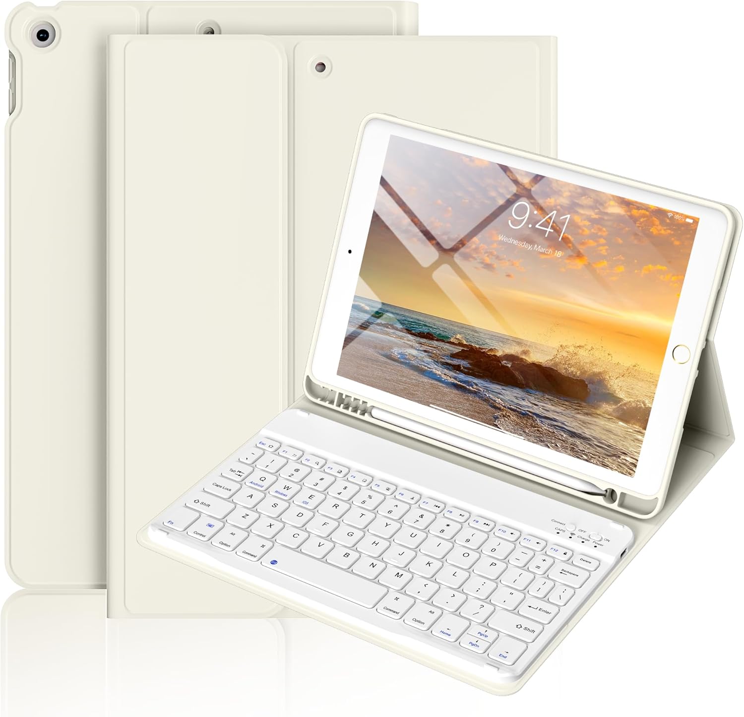 Keyboard Case for iPad 9th/8th/7th Generation(2021/2020/2019), 10.2 inch iPad 9/8/7 Case with Keyboard, Auto Wake Sleep Cover with Pencil Holder, Cream White