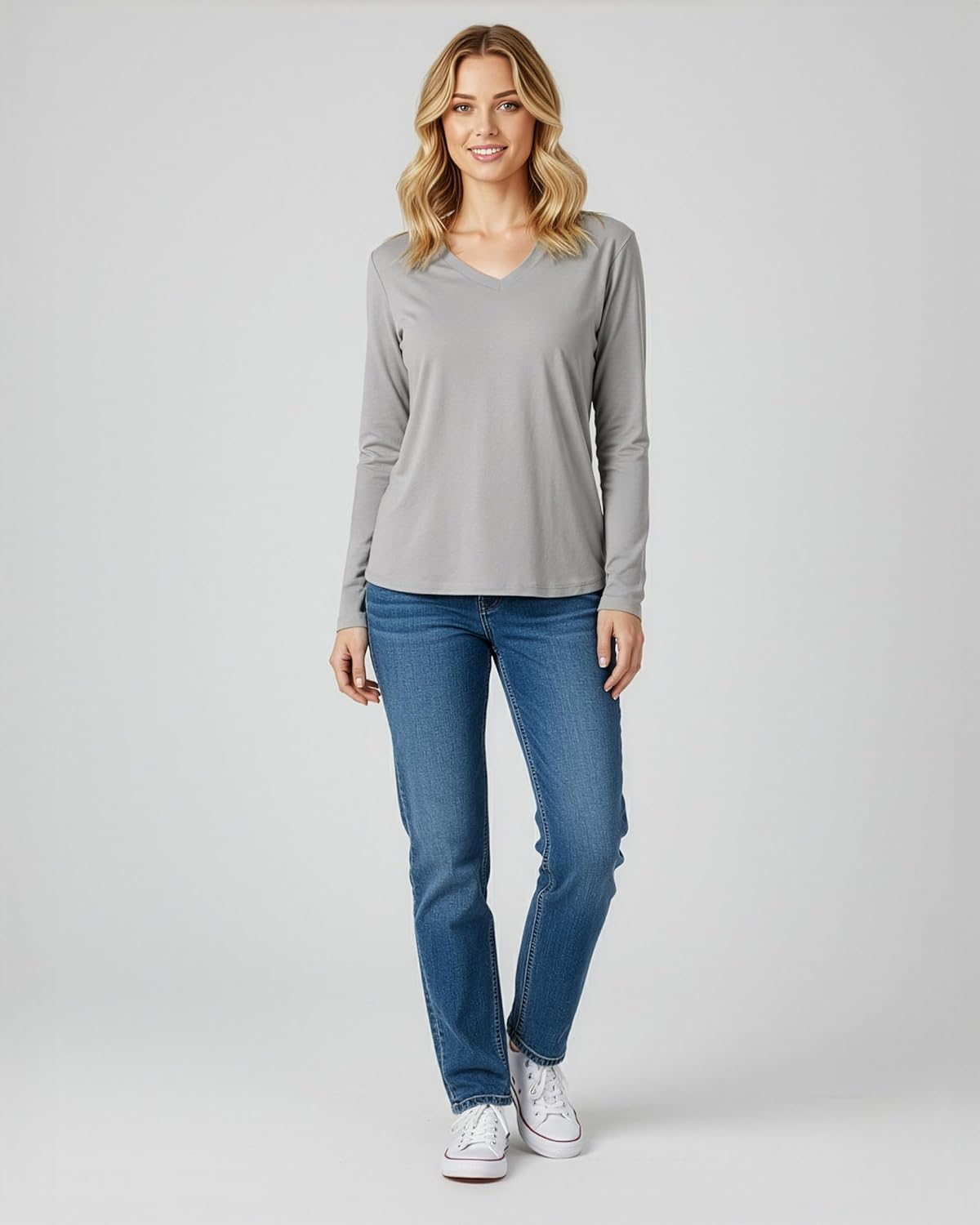 Real Essentials 4 Pack: Women's V-Neck Cotton Long-Sleeve T-Shirt (Available in Plus Size) - Image 3