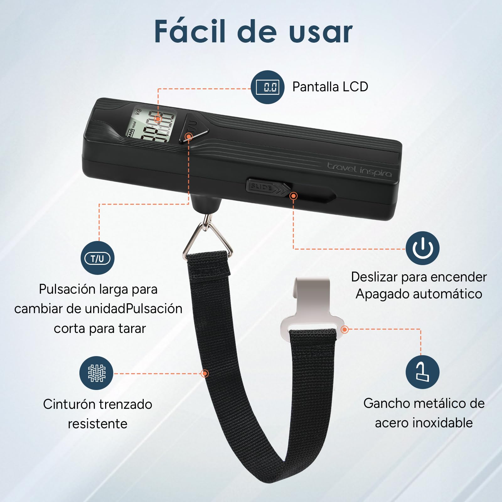travel inspira Báscula para Maletas Portátil, Pesa de Viaje Mano Sin Pilas con Pantalla Grande y Función Tara, Báscula de Equipaje Autogenerable, Capacidad 50kg/110lb