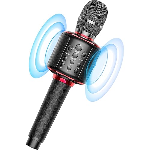 Wireless Bluetooth Karaoke Microphone, Built-in Loud Speaker for 10H Playback, Add Reverb/Duet Mode/Earbuds Monitoring, Portable Karaoke Machine for Entertainment & Singing Practice (Black&Red)