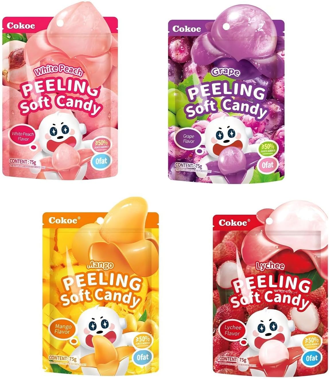 COKOC Peelable Gummies Variety Pack – 4 Fruit Flavors(Mango,Grape,Peach,Lychee) Fruit Candy Treats, 10.58oz(300g),Individually Wrapped