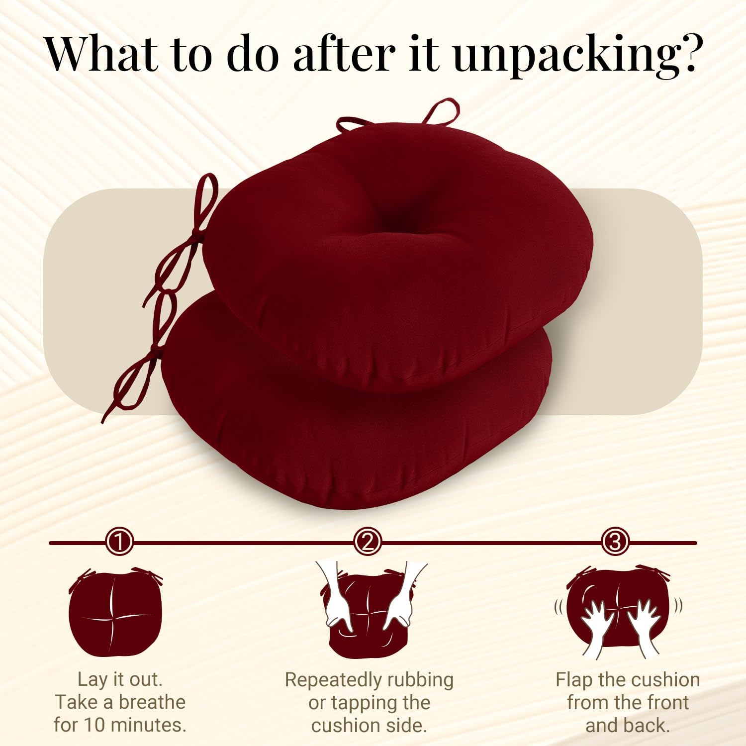 downluxe Bistro Chair Cushions for Patio Furniture, Water-Resistant Round Outdoor Chair Cushions Set of 2 with Non-Slip Ties, 15" x 15", Burgundy