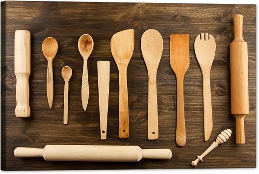 Kitchen Canvas Wall Art Kitchenware Picture Dining Room Canvas Painting for Home Wall Decor, Spoon Cooking Utensil Framed Artwork for Kitchen Restaurant Wall Decoration Ready to Hang 12"Hx18"W