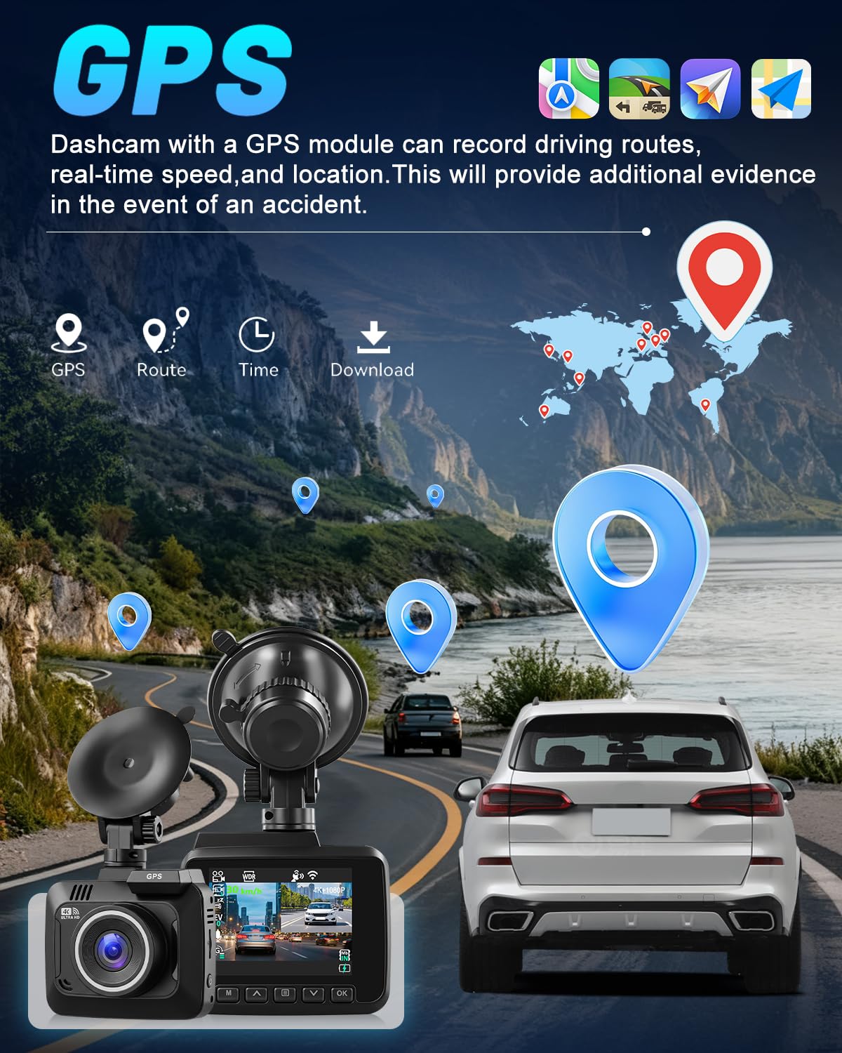 NHOPEEW Dashcam 4K para Coche con WiFi, GPS y G-Sensor | Cámara Trasera 1080P, Grabación en Bucle, Visión Nocturna, Monitor de Aparcamiento 24H, Pantalla de 2,4"