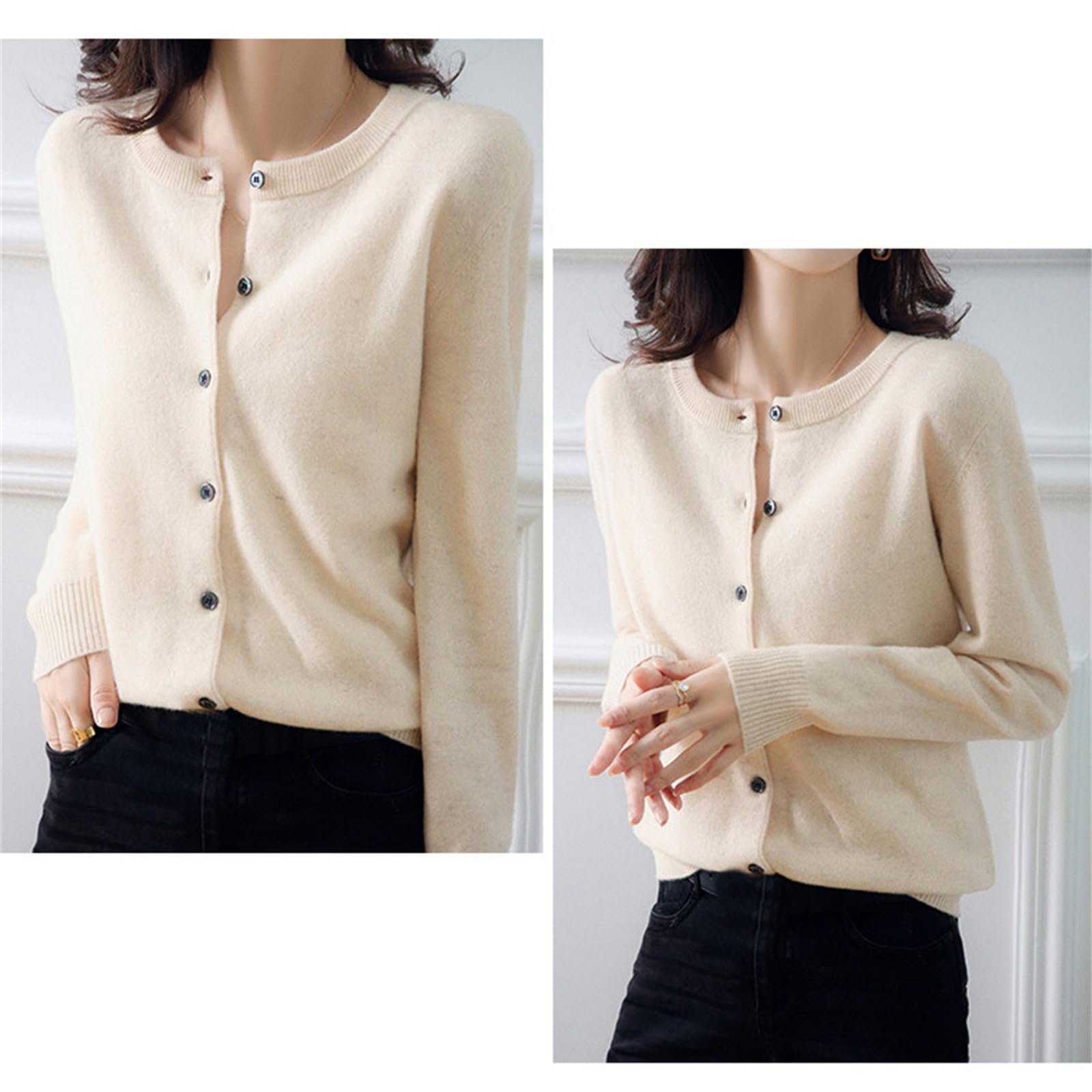 Bolero Chaqueta de punto ligera para mujer, manga larga, cuello redondo, tiempo de entretiempo, chaqueta ligera, clásica, cuello redondo, chaqueta de punto fina con botones, jersey suelto de punto