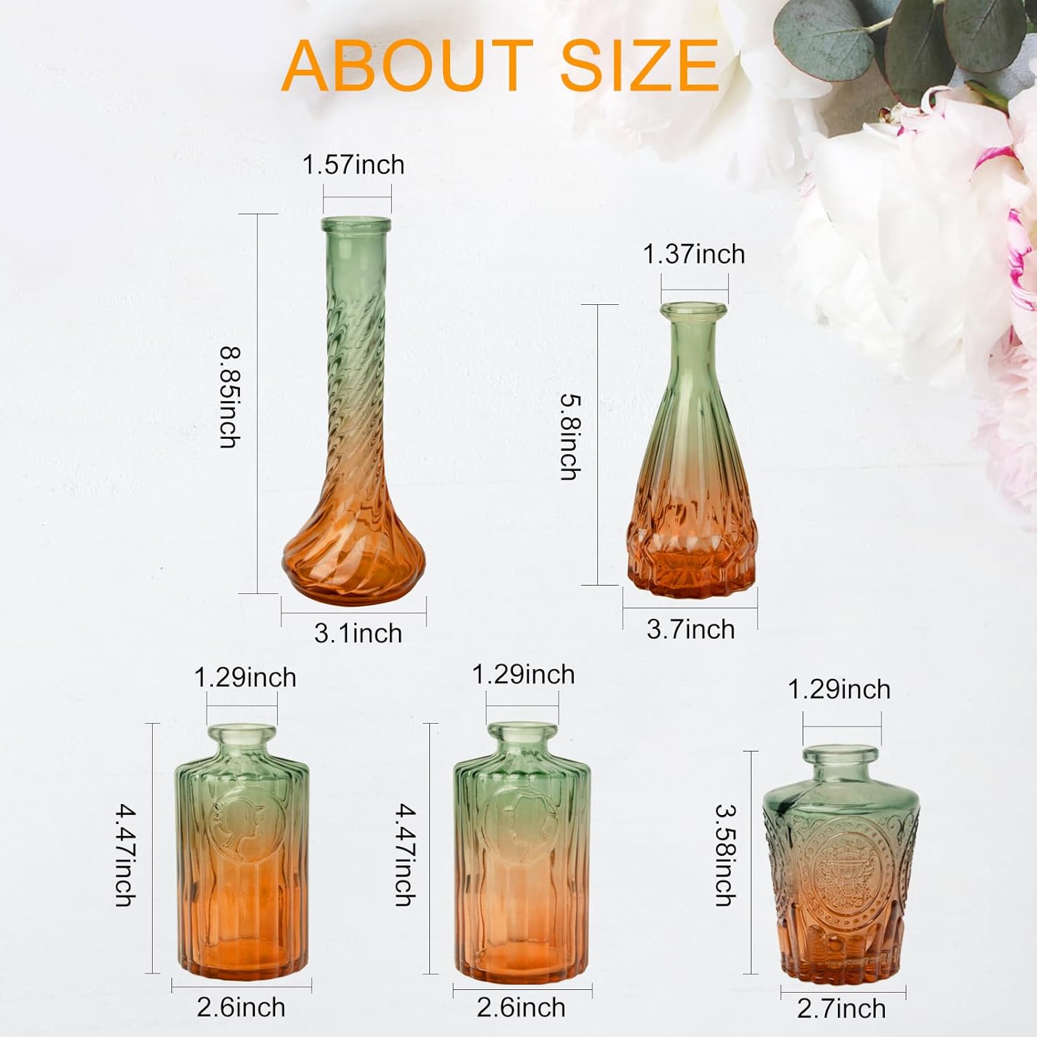 Vintage Glass Bud Vases, Set of 5 – Gradient Green Small Flower Vases for Wedding, Party, and Home Decoration - Image 4