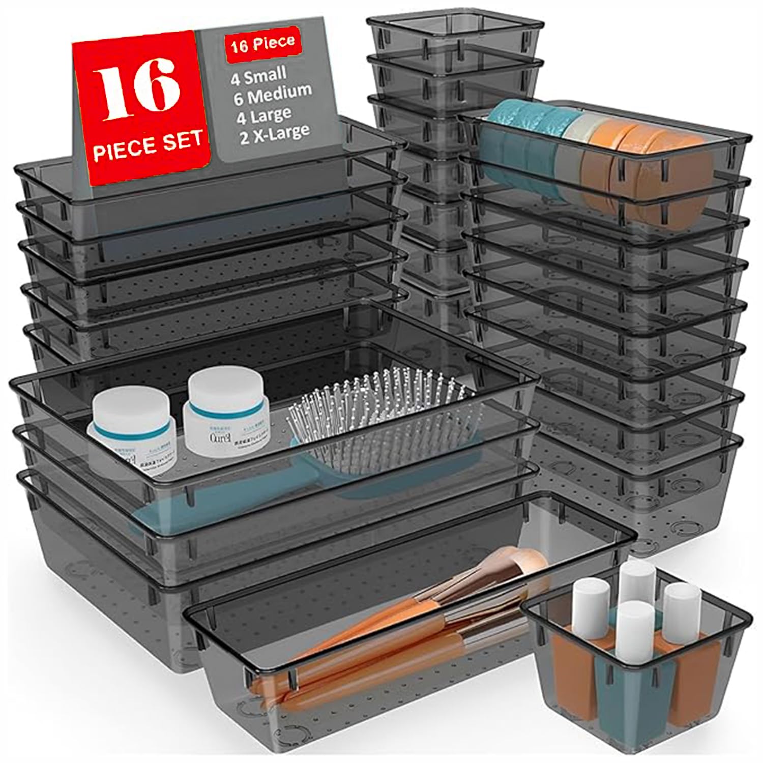 TEX-RO Drawer Organizer Tray/Multi-Purpose Drawers Organisers/Dressing Table Organiser & Make up Organiser/Perfect for Cosmetics, Jewelry, Kitchen and Bathroom16 pcs, Black)
