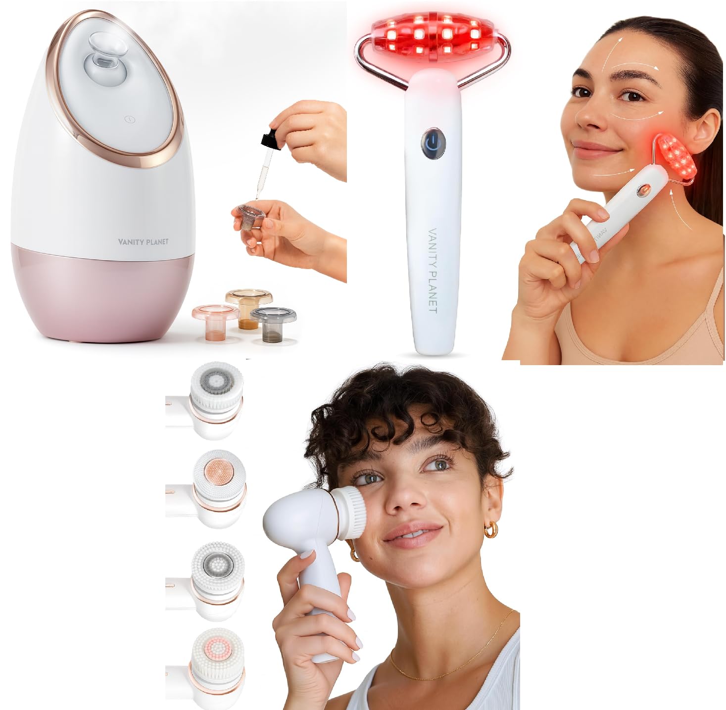 Vanity Planet Skincare Bundle – Aira Ionic Facial Steamer, Raedia 2.0 Facial Cleansing Brush Warm Gray & Mila Contour & Define LED Facial Roller for Radiant, Firm Skin