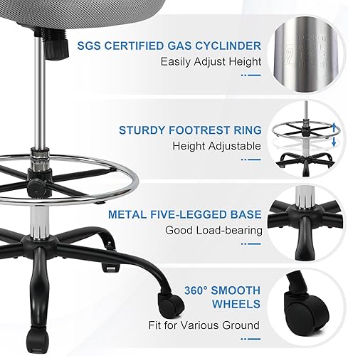 Miniatura 5 de HYLONE Silla alta de dibujo de pie con reposabrazos abatibles, silla de oficina ergonómica de altura ajustable con anillo reposapiés, silla de