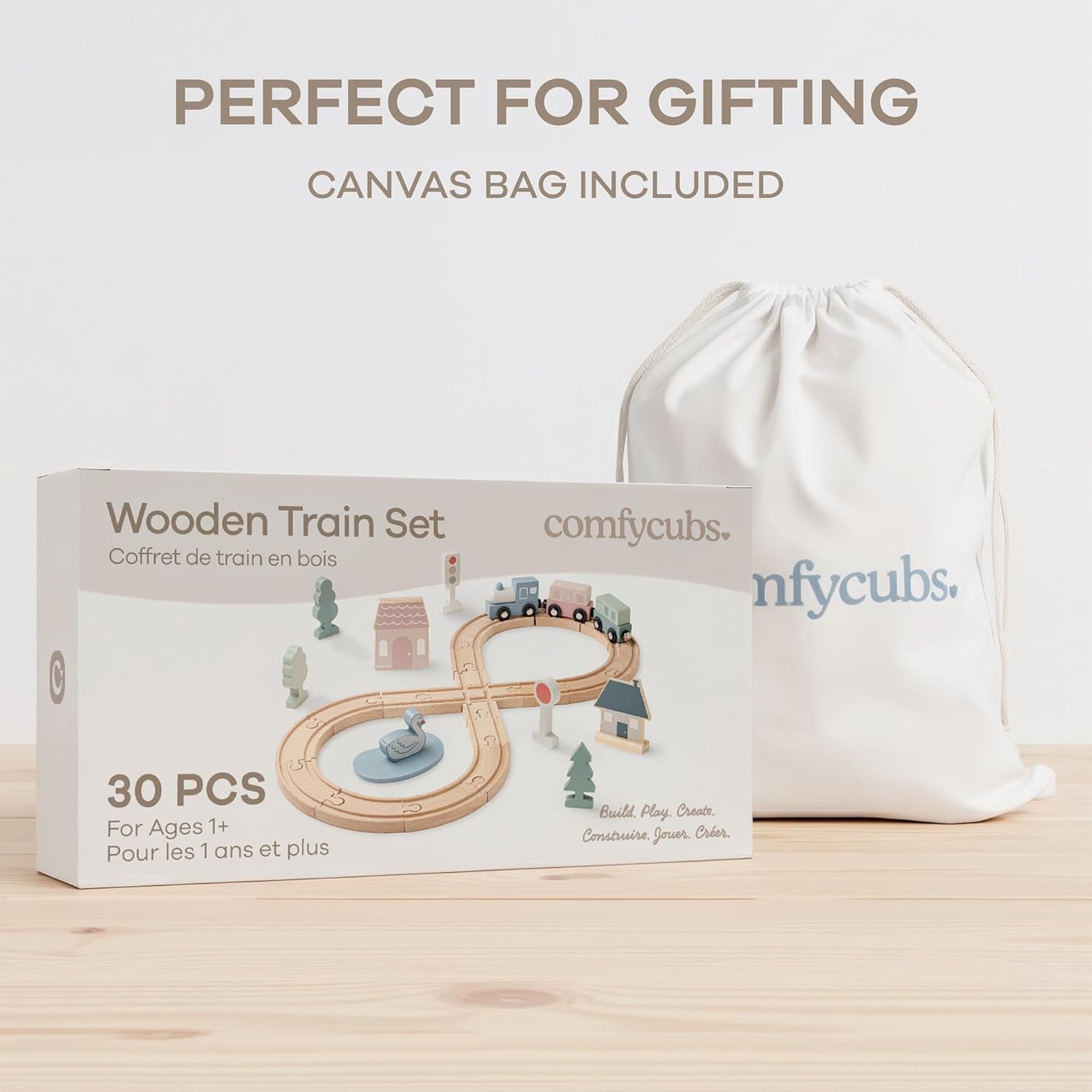 Comfy Cubs 30-Piece Wooden Train Set for Toddlers Ages 1+, Fun & Eco Friendly Toddler Train Set with Wooden Toy Tracks - Creative Toy Town Promoting Imaginative Play with Flexible Configuration - Image 7