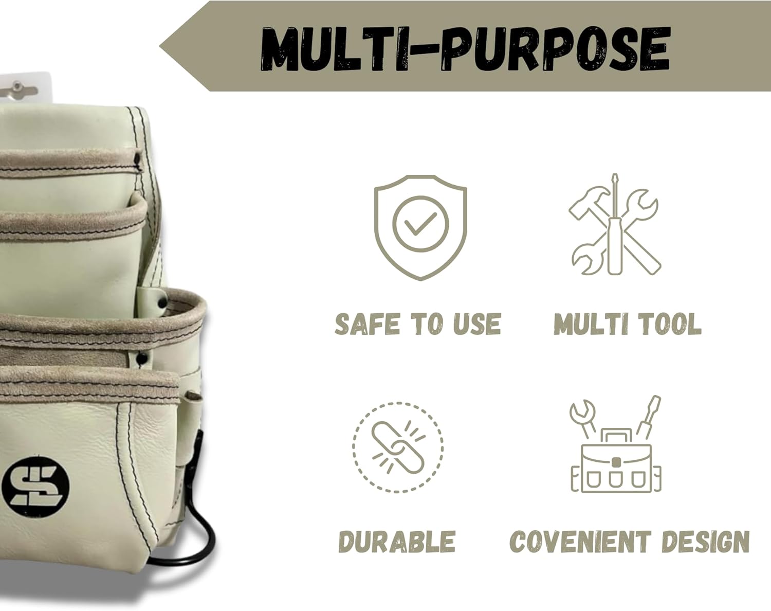Supreme Leather 10 Pocket Tool Pouch for Construction, Carpenters, Electricians, Drywall & Framing Work Professionals | 2 Sided Hammer Holder & Screw and Nail Bags | ‎Cream | 100% Leather