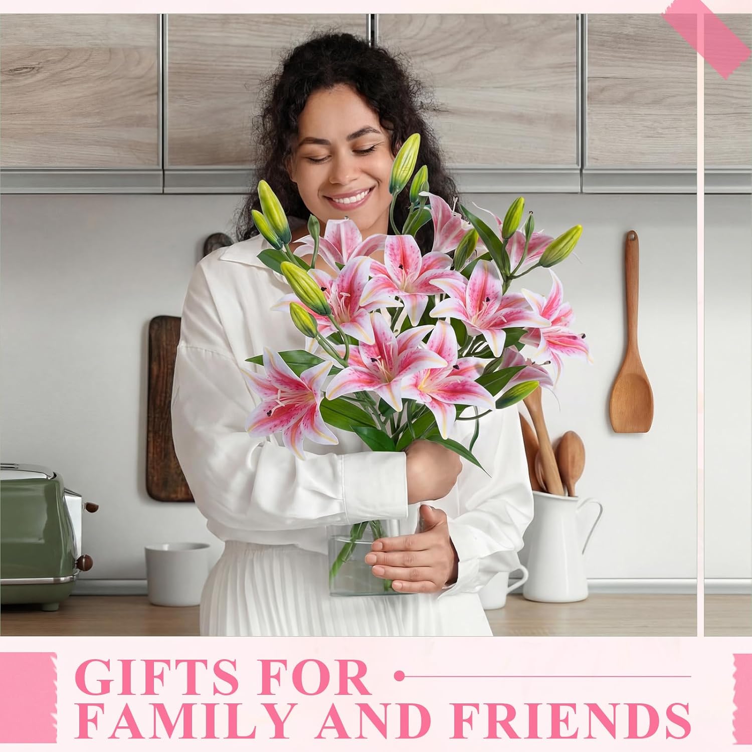 Dingion 6 Pcs 18 Heads Artificial Lily Flowers 31.5'' Easter Lily Flowers Long Stem Fake Bouquet Latex Realistic 3 Big Flower Head 3 Bud for Tall Vase Home Table Wedding Decoration(Pink)