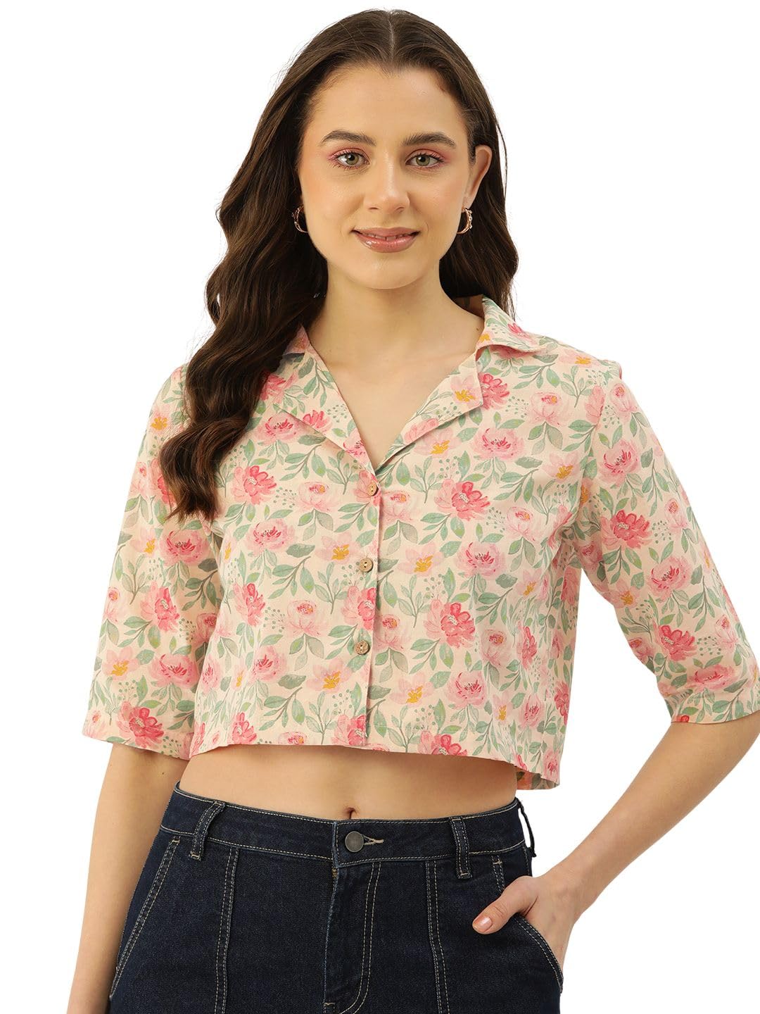 feranoid 3/4 Sleeve Crop Shirt Style Top