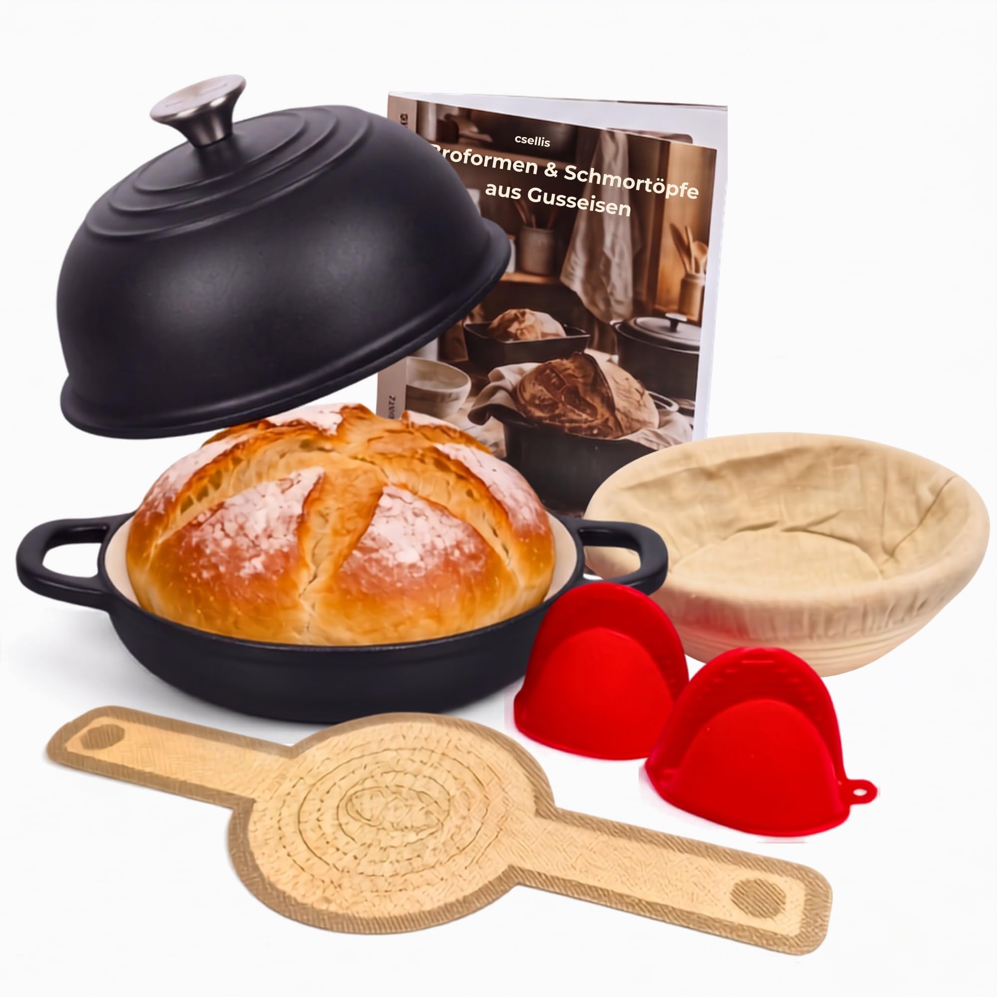 osoltus Gusseisen Brotbackform Set mit Kupeldeckel Silikonmatte Handschuhe Gärkorb 26cm Emaille Schwarz