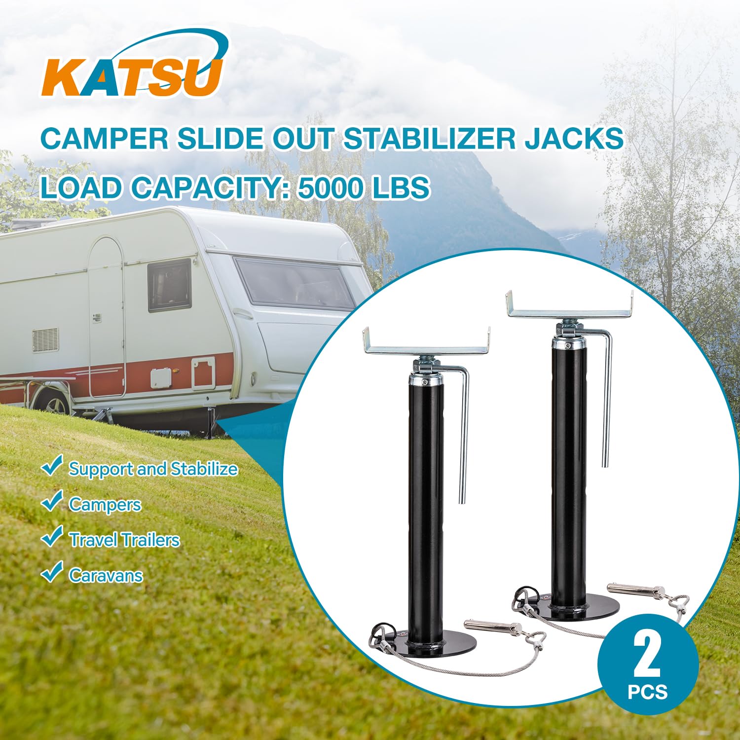 KATSU 2 Pezzi Supporto Stabilizzatori per RV Caravan, Altezza Regolabile da 15" a 37", Supporta fino a 5000 lbs, Robusto Supporti Scorrevoli per Rimorchio Camper