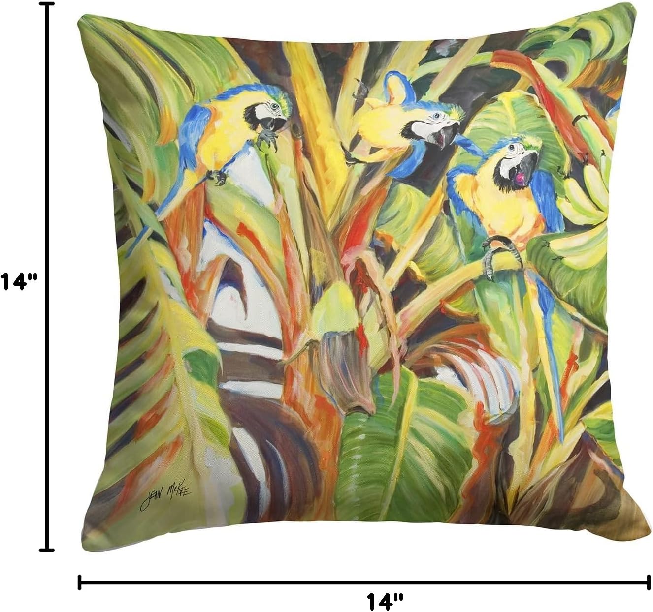 Caroline's Treasures JMK1281PW1414 Parrots Fabric Decorative Pillow Machine Washable, Indoor Outdoor Decorative Pillow for Couch, Bed or Patio, 14Hx14W