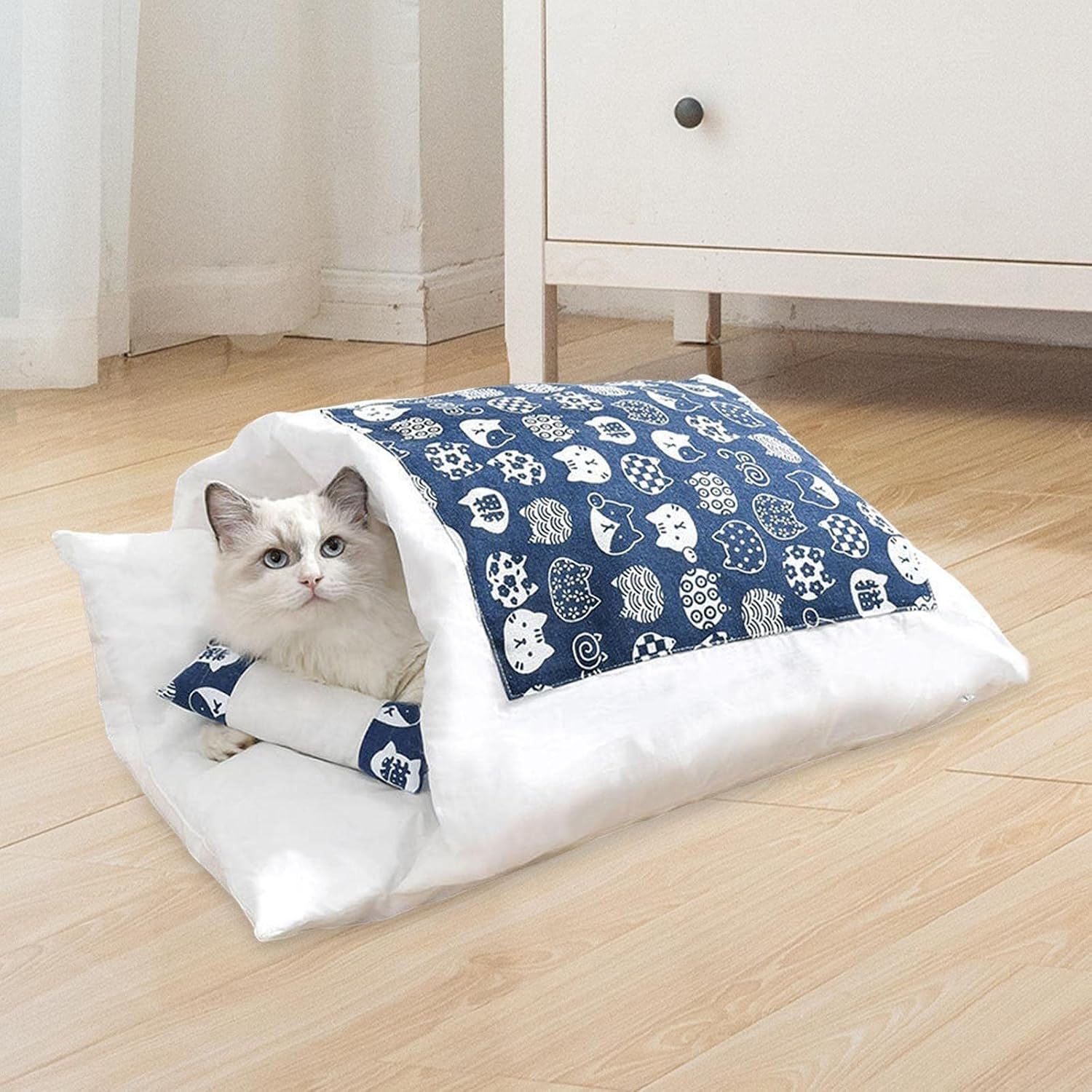 Japanese Style Cat Beds Pet Supplies Kitty Sack with Pillow Mat Plush Hideaways Detachable Cute Cat Sleeping Bags for Indoor Outdoor Pets, M