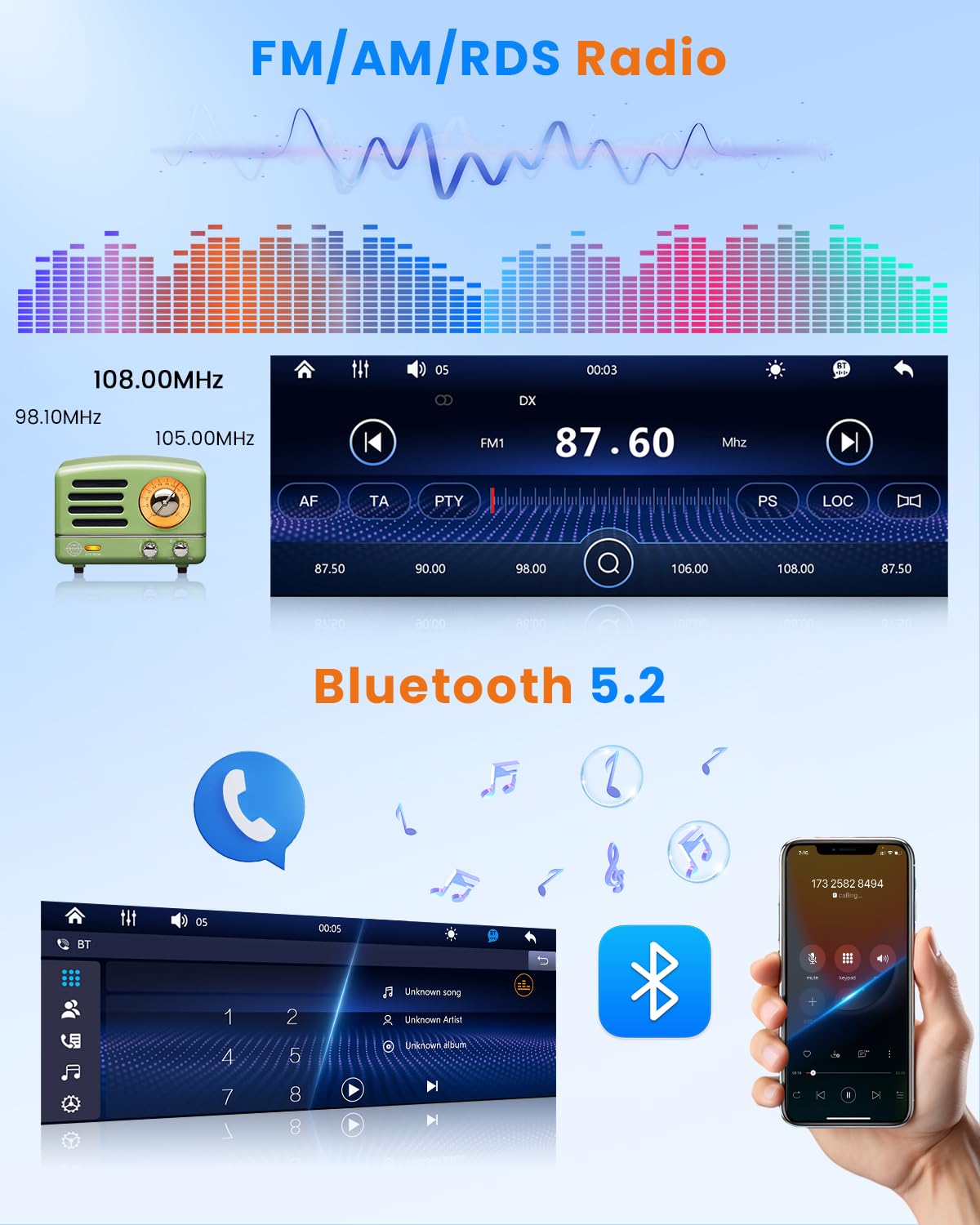 Hikity Android Autoradio 1 DIN Stereo Bluetooth Compatible avec Wireless CarPlay Android Auto, 6,5 Incell Pouces Écran Tactile Lecteur Radio RDS FM AM Recharge Rapide Microphone Caméra pour Voiture