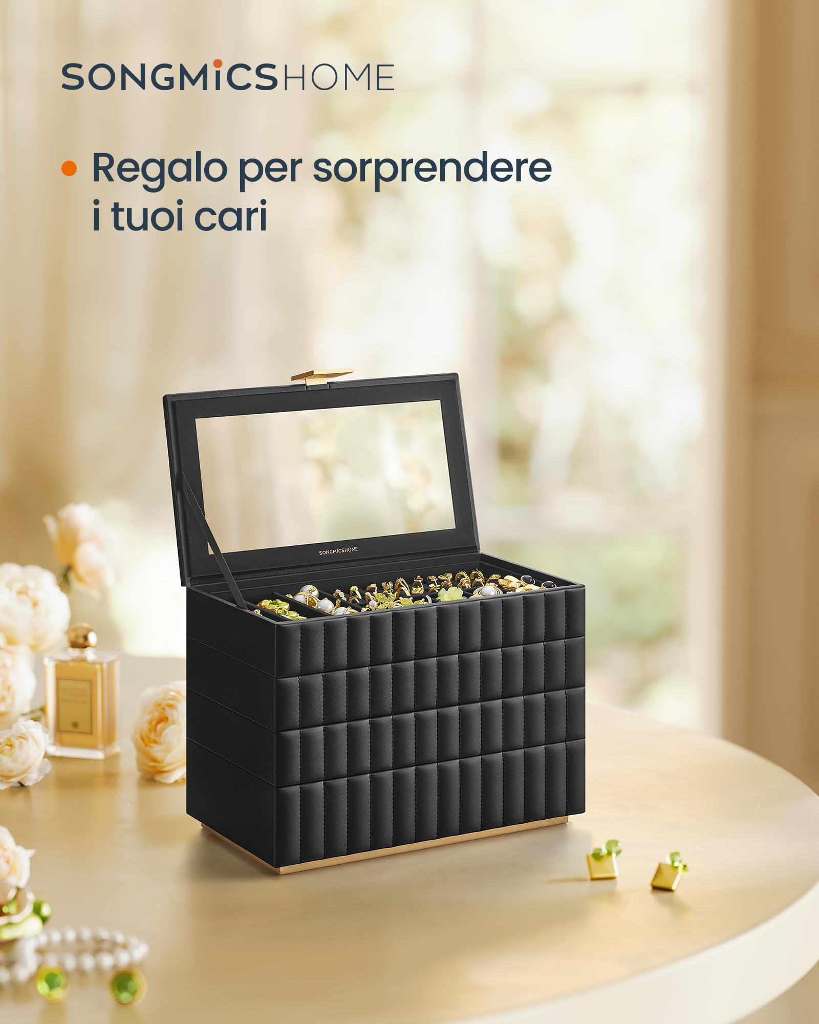 SONGMICS HOME ANAH Collezione - Scatola Portagioie Impilabile con Specchio, Porta Gioielli a 4 Ripiani, PU con Cucitura, Effetto Fluttuante, 17 x 28 x 20,5 cm, Idea Regalo, Nero Inchiostro JBC181B01