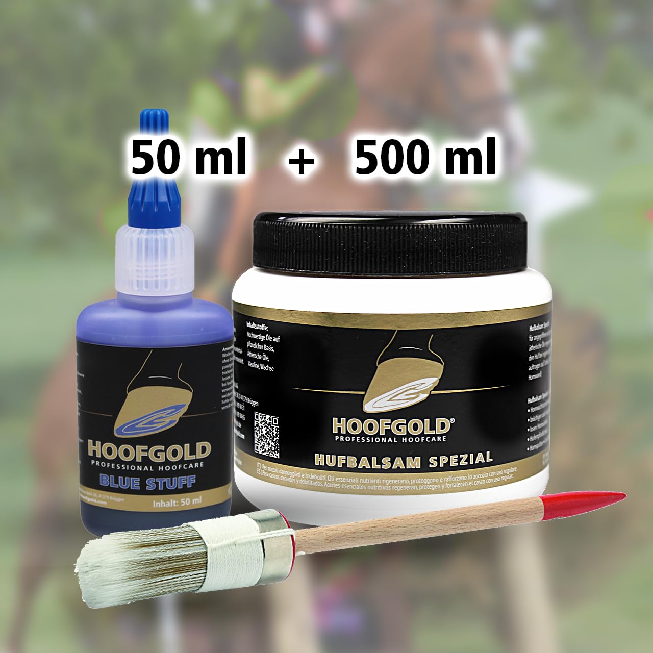 Set Hufbalsam Spezial & BlueStuff – Strahlfäule Pferd Mittel, Huffett & Hufpflege gegen Hufspalten, trockene Hufe, Hufrisse – 500 ml Balsam & 50 ml BlueStuff